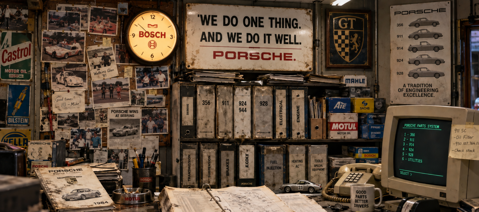 Vintage Porsche parts counter: 'We do one thing. And we do it well. Porsche.' sign, parts binders by model and system, and a Porsche Parts System terminal